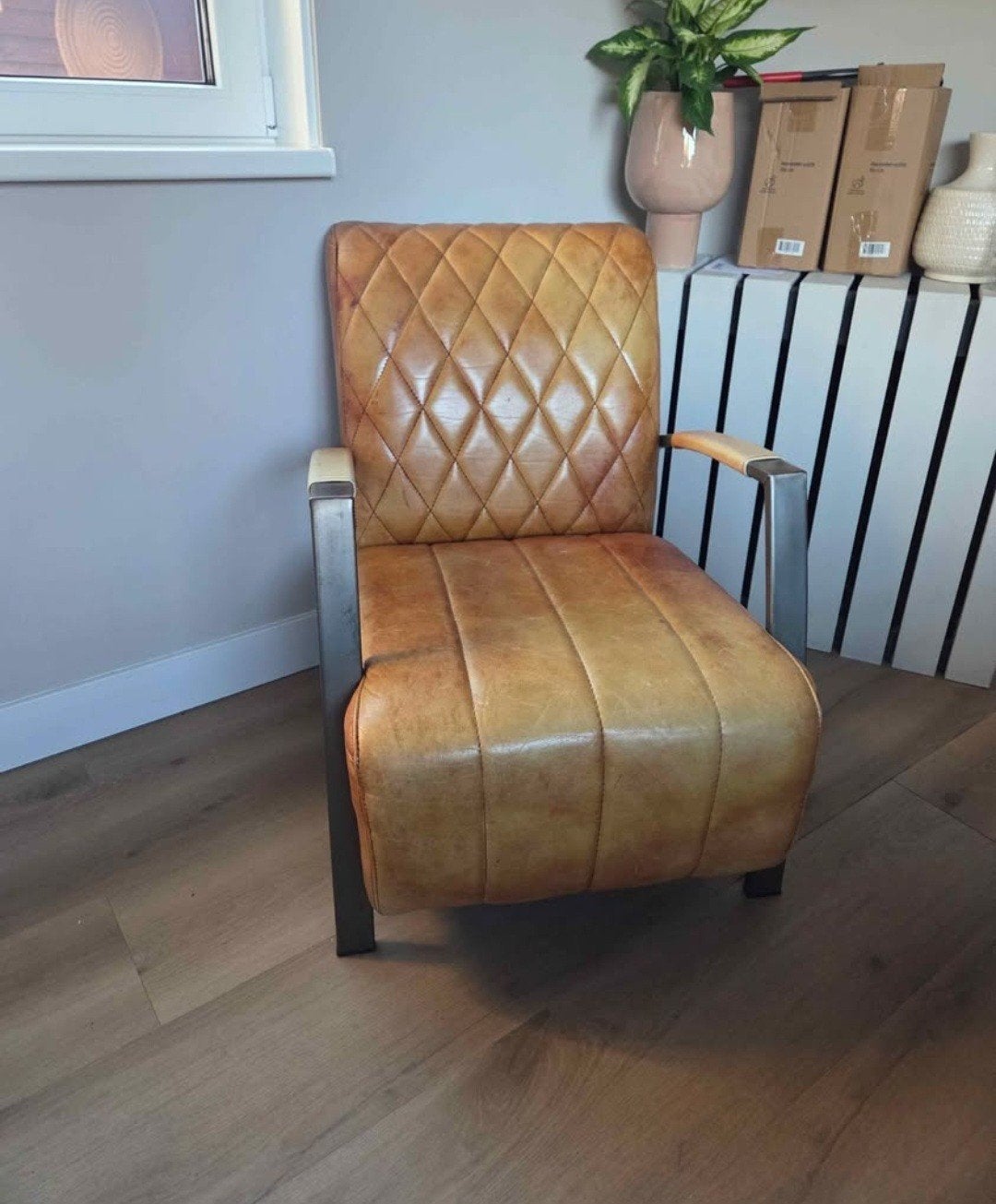 Cognac leren fauteuil, Ophalen, Zo goed als nieuw, 50 tot 75 cm, Leer