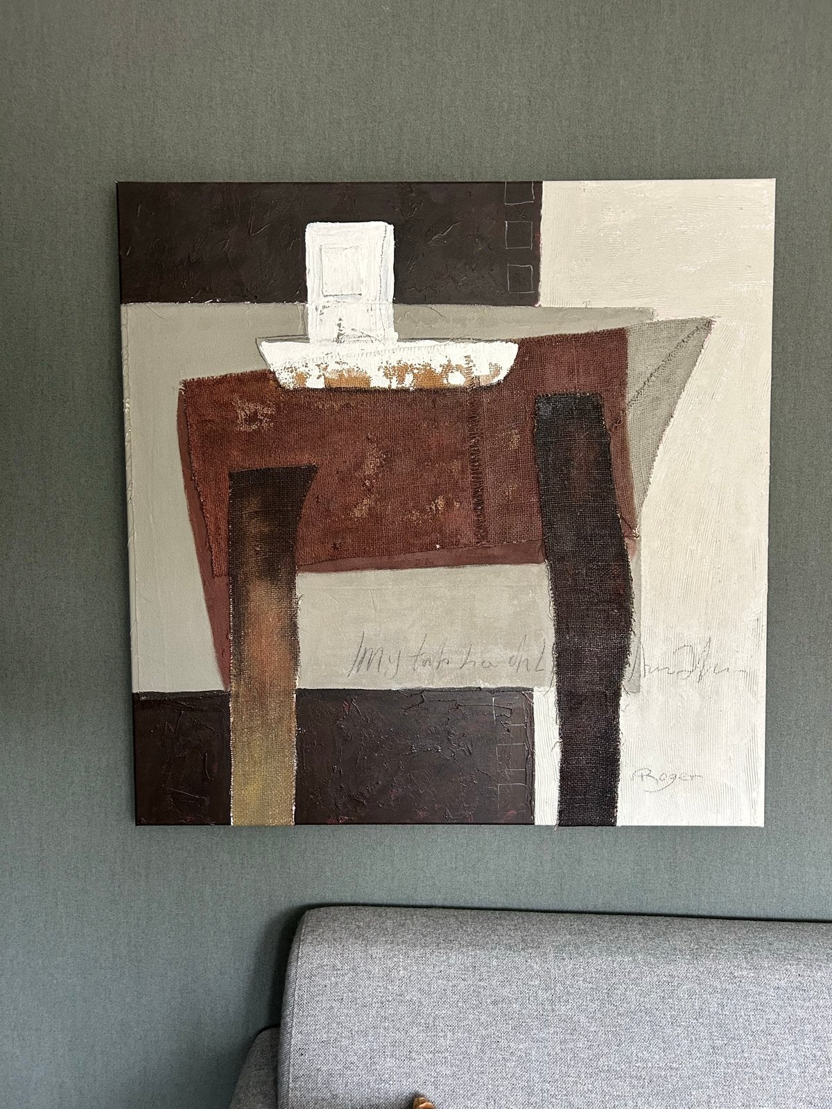 Abstract olieverfschilderij 'Table' van Roger, 100x100cm, Antiek en Kunst, Ophalen of Verzenden
