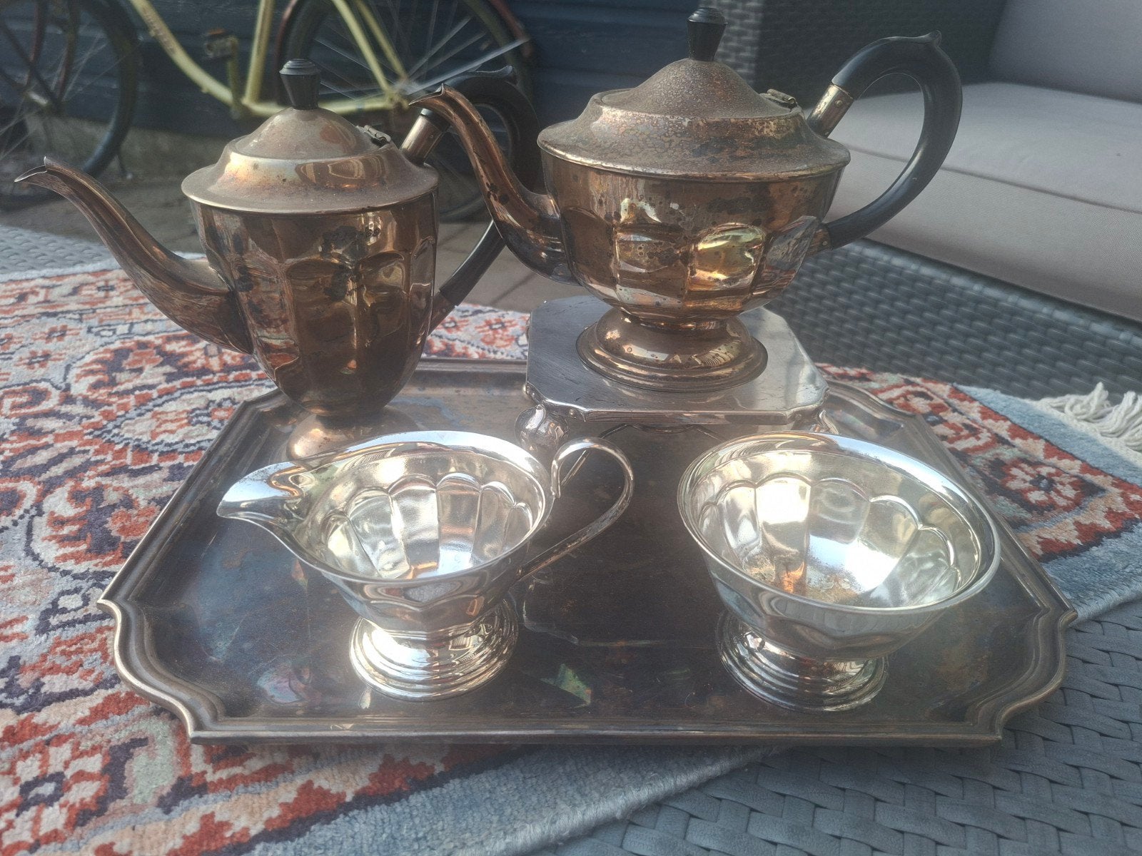 Antiek Verzilverd Thee- en Koffieservies met Dienblad, Antiek en Kunst, Antiek | Goud en Zilver, Ophalen of Verzenden, Zilver