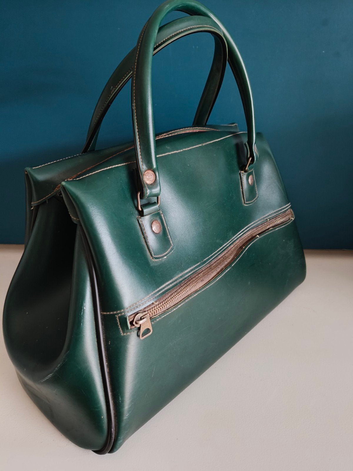 Vintage skai groene damestas werktas kleine weekendtas, 40 tot 60 cm, 30 cm of meer, Gebruikt, Minder dan 35 cm