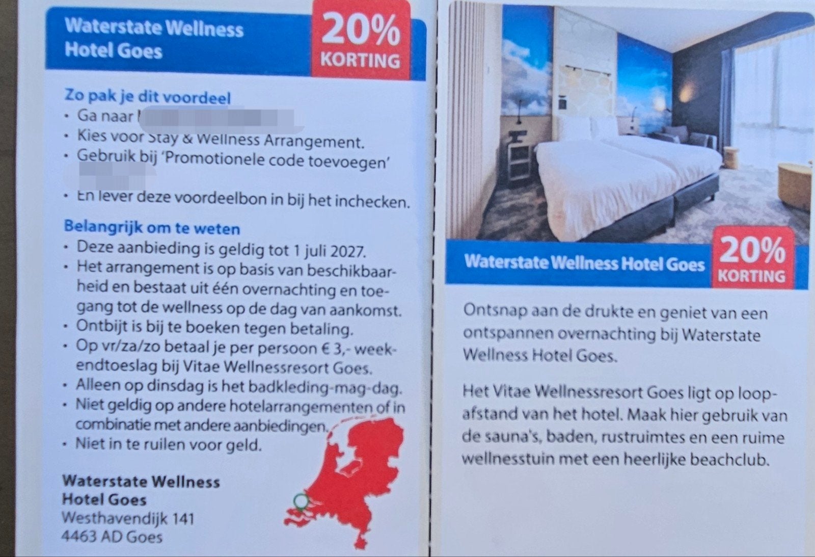 Waterstate Wellness Hotel Goes. 20% korting., Kortingsbon, Arrangement, Spa of Sauna