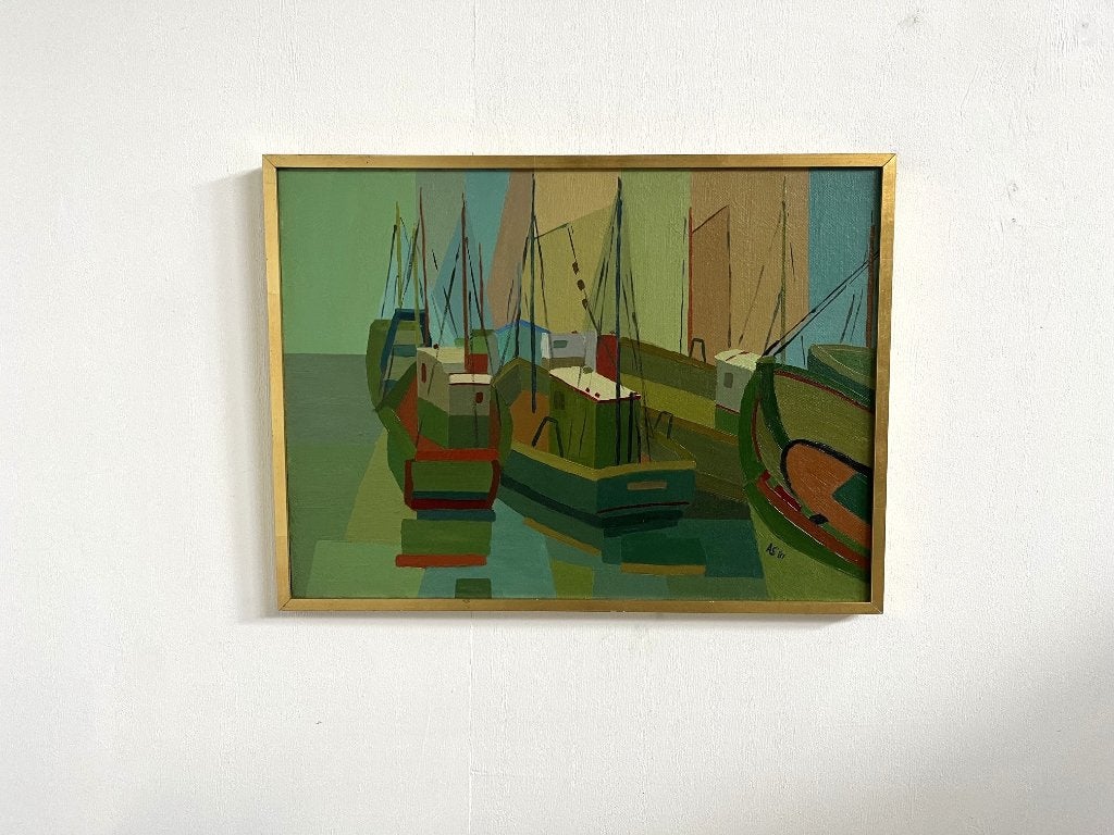 oil painting  Les Bateaux Verts van André Corbières, 1981, Ophalen