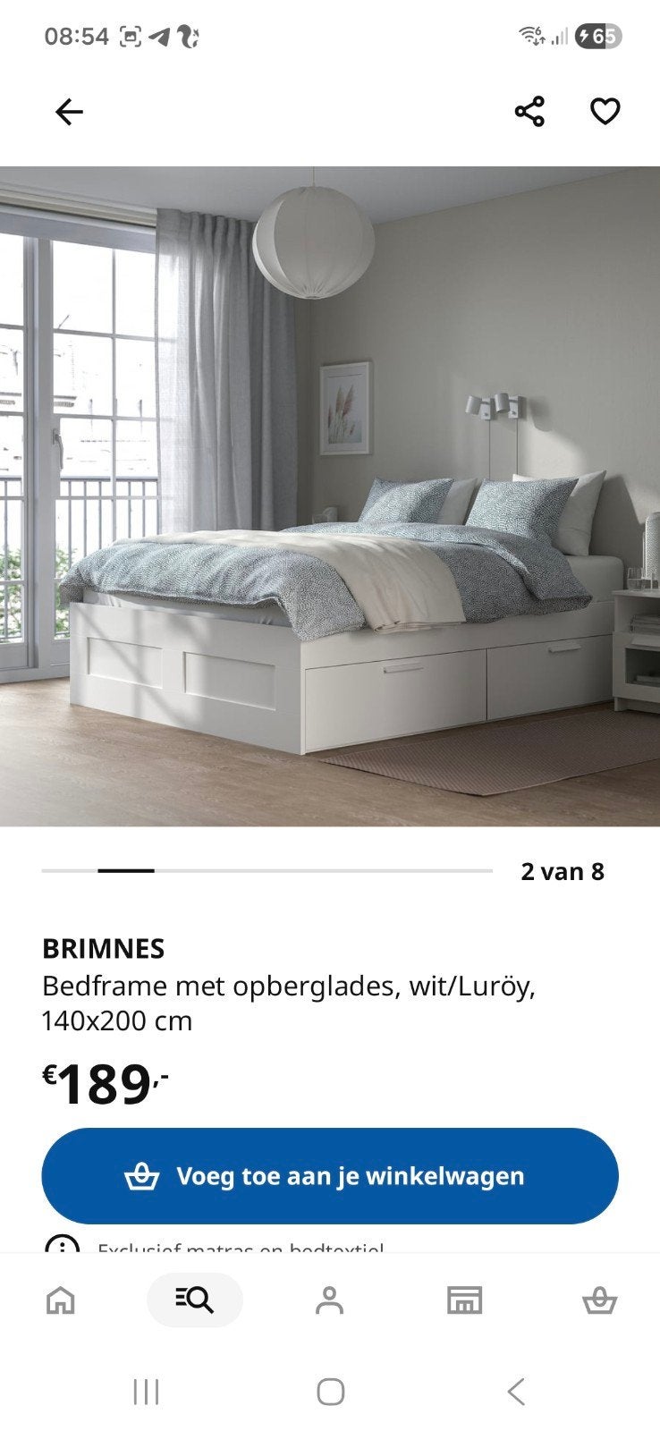 Ikea Brimnes bed met hoofdbord en lattenbodem., Ophalen, Gebruikt, Wit, Tweepersoons