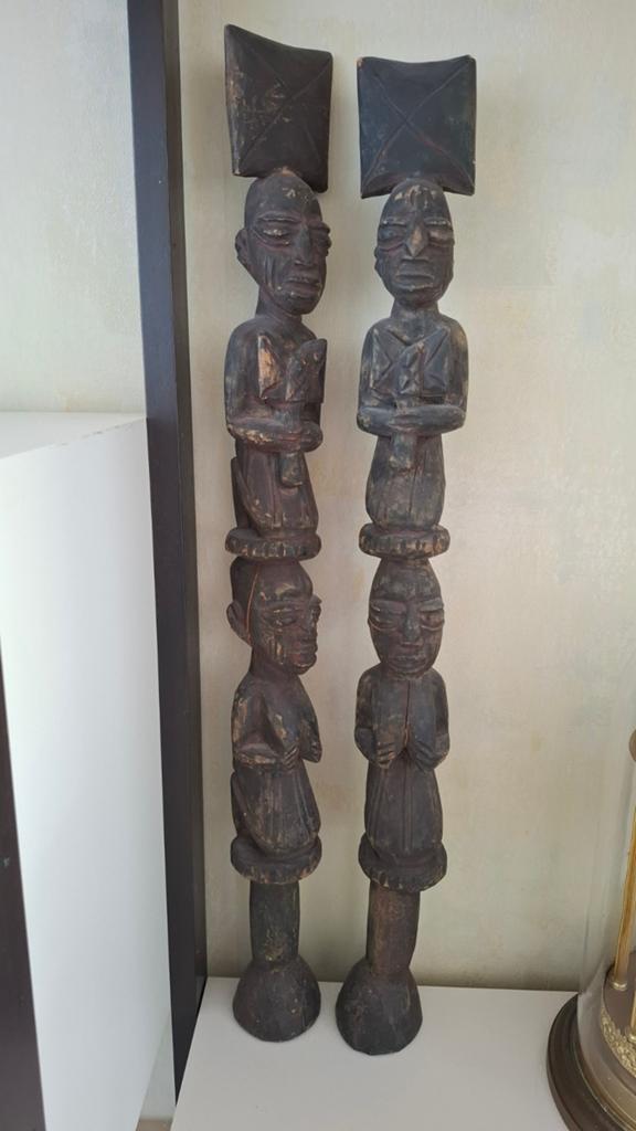 Twee Vintage Nigeriaanse Houten Beelden, ca. 1970, Ophalen of Verzenden