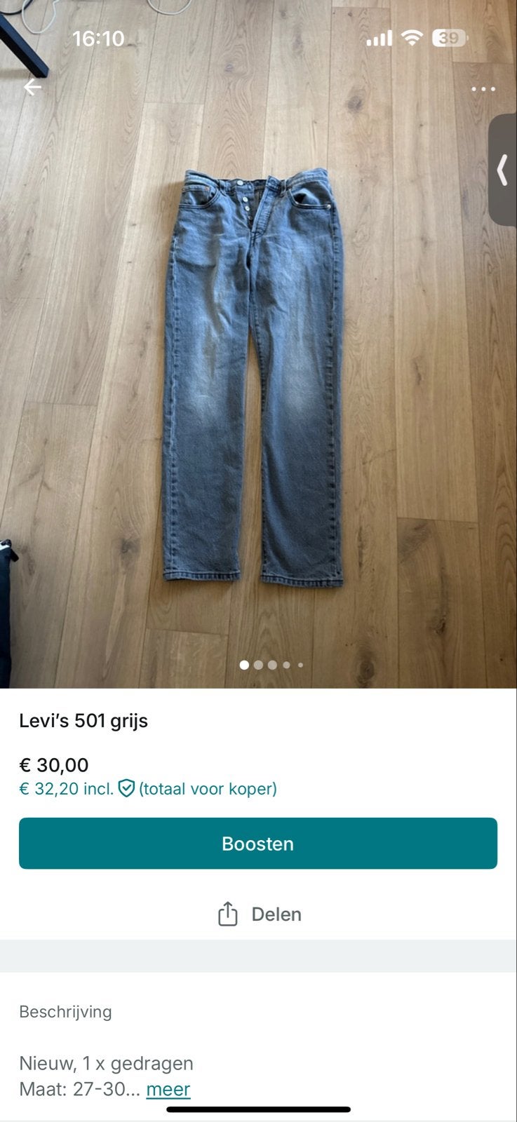 Levi's 501 grijze jeans W27 L30, Verzenden, Zo goed als nieuw, Grijs, W27 (confectie 34) of kleiner