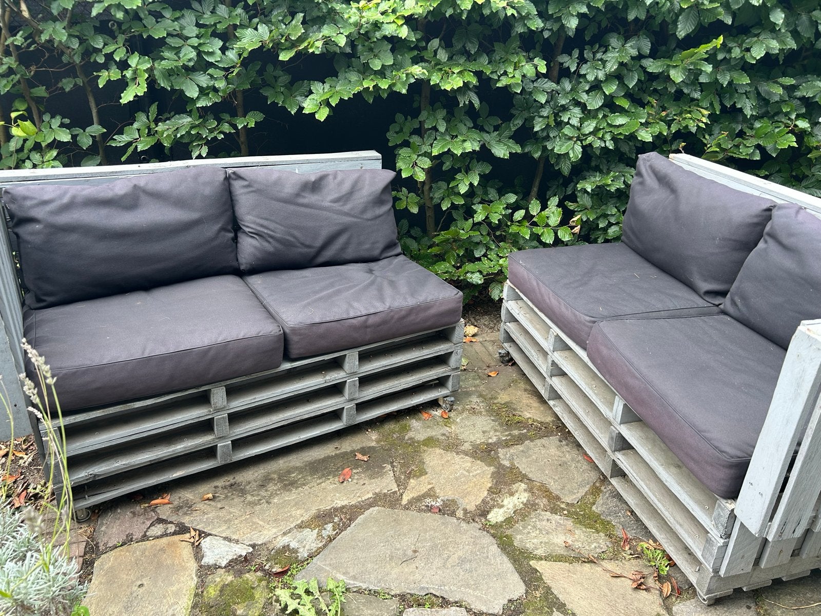Pallet Loungebanken met Kussens, bijna gratis, Ophalen, Gebruikt, Hout