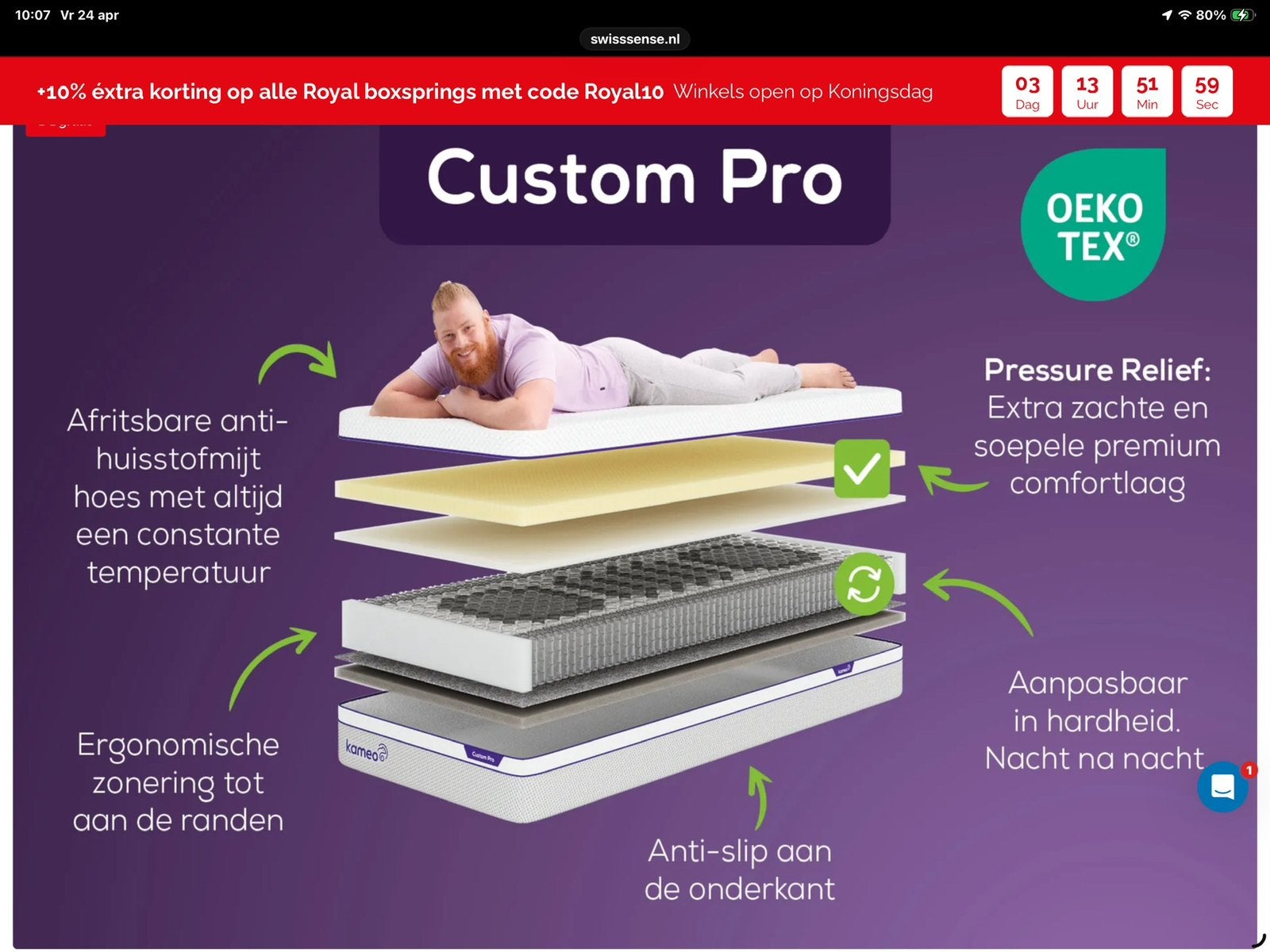 Nieuwe Swiss Sense Kameo Custom Pro (nieuwwaarde 610 euro), Ophalen, Eenpersoons, Nieuw, 80 cm