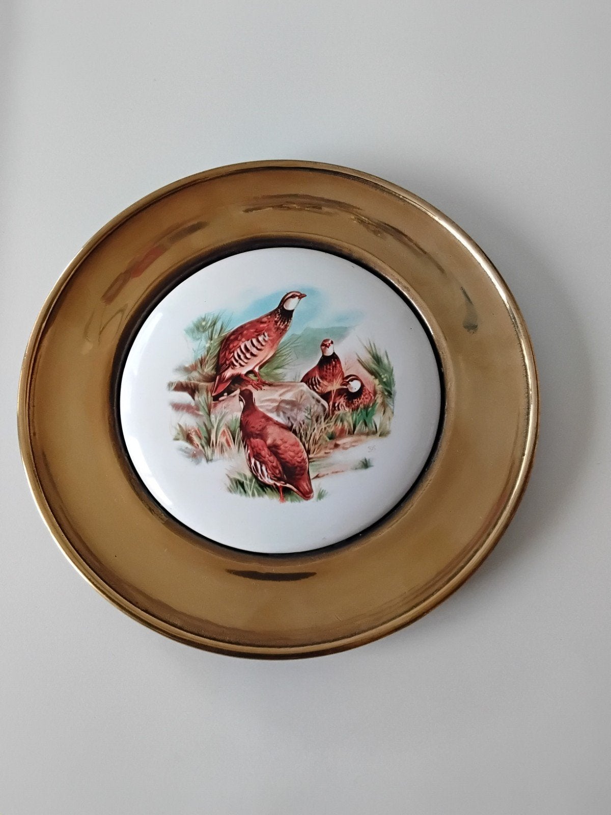Vintage antieke bord porselein koper met patrijzen, Ophalen of Verzenden
