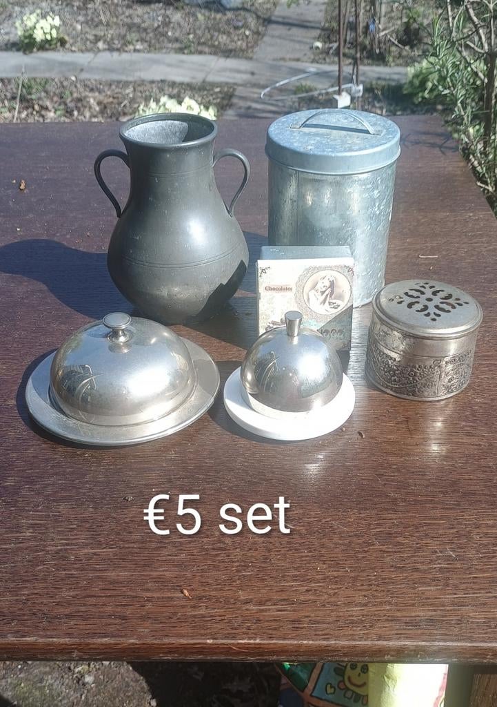 Brocante koopjes: Tin, metaal, koper set, Ophalen of Verzenden