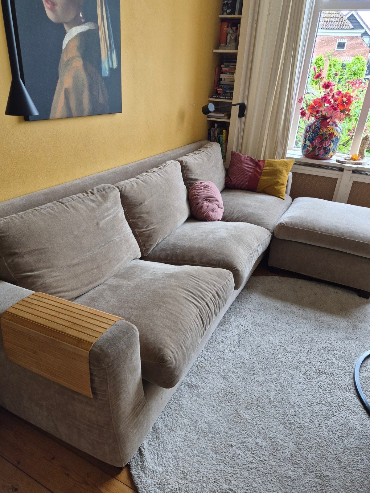 Comfortabele plofbank met hocker - 4/5 personen, Ophalen, 250 tot 300 cm, Gebruikt, 75 tot 100 cm