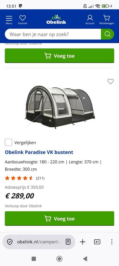 Obelink Paradise VK bustent - gebruikt., Ophalen of Verzenden