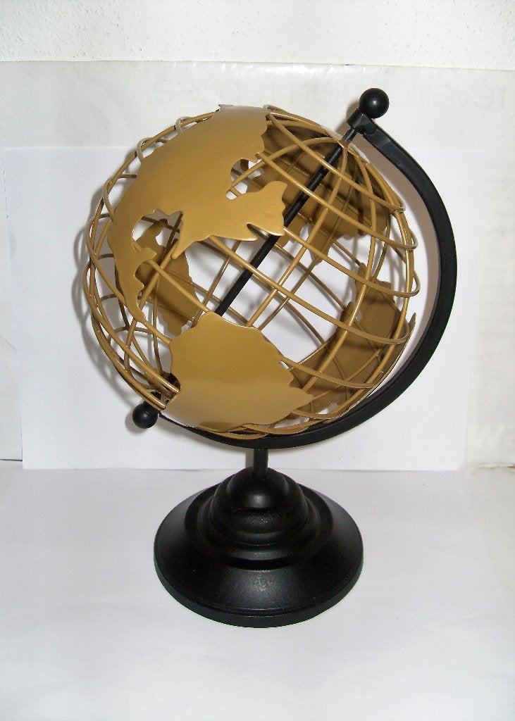 Wereldbol Globe Metaal Zwart en Goud, 16 cm, Draaibaar, Overige typen, Ophalen of Verzenden