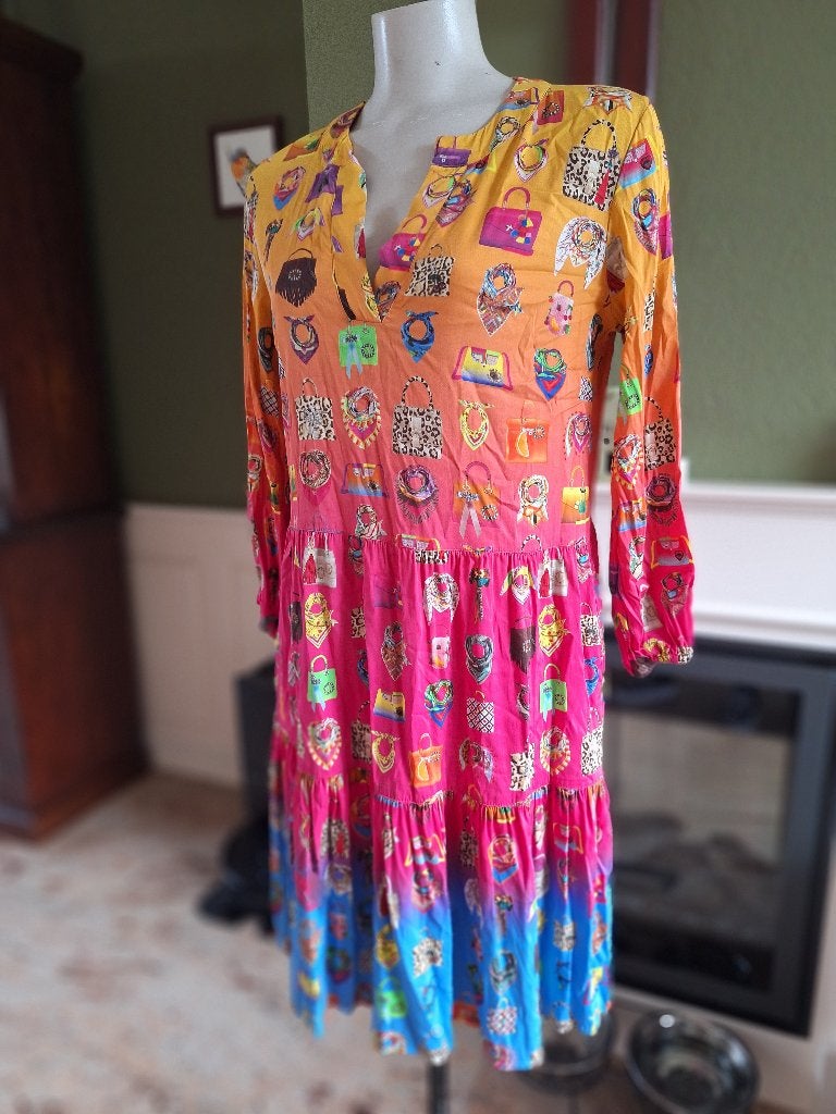 Mucho Gusto tassen sjaal jurk mt XS met zakken, Maat 34 (XS) of kleiner, Onder de knie, Meerkleurig, Verzenden