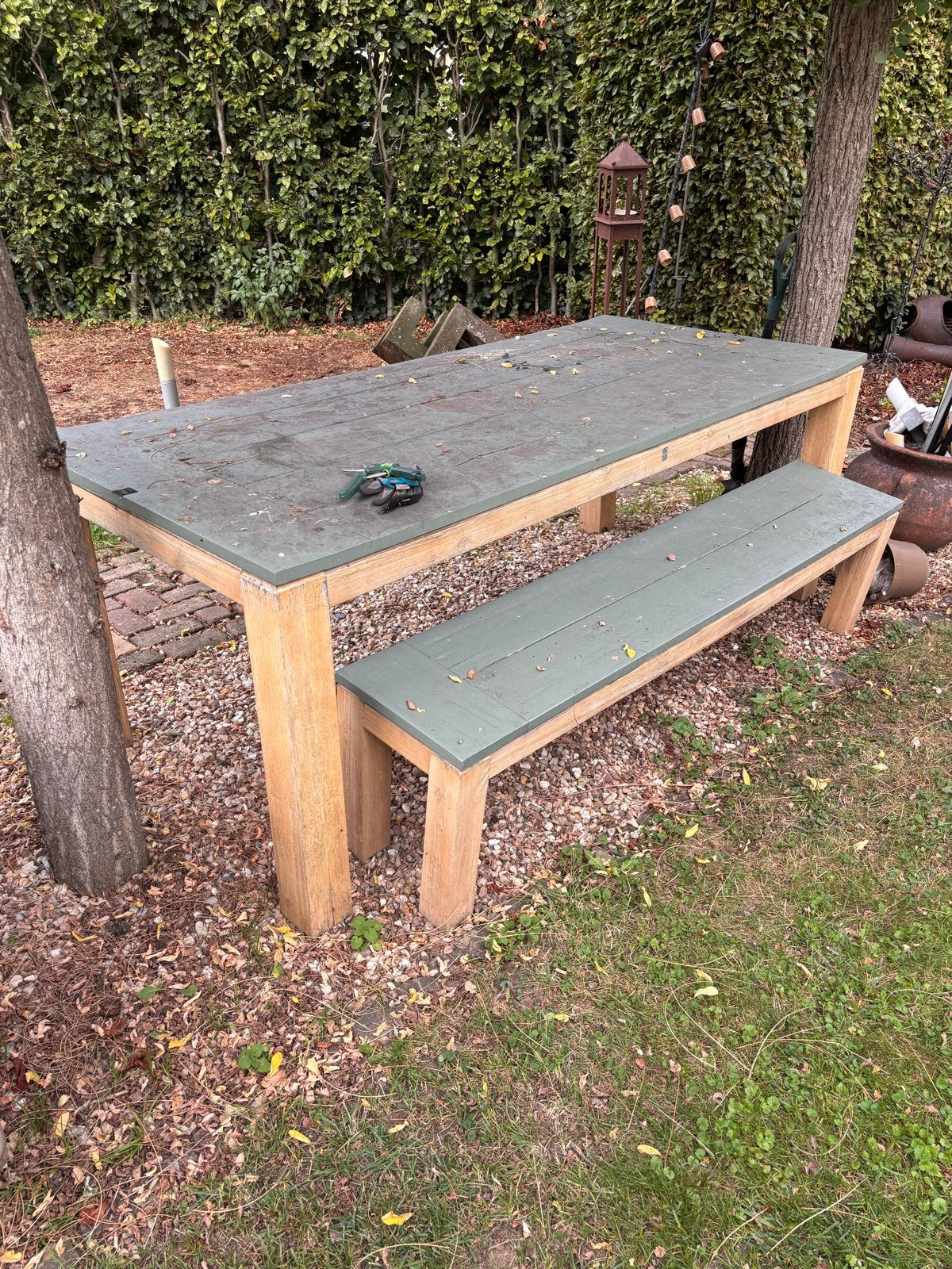 Robuuste houten picknicktafel met bankje, Tuin en Terras, Ophalen, Gebruikt, Rechthoekig, Hout