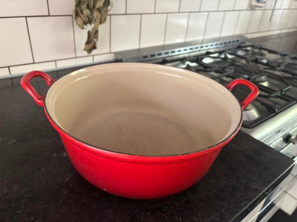 Le Creuset grote pan zonder deksel 32cm rood gietijzer, Ophalen, Gebruikt, Gietijzer, Koekenpan of Braadpan