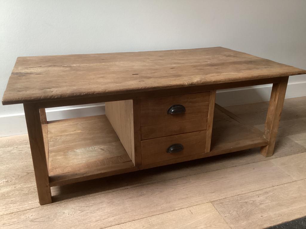 Teakhouten salontafel robuust teak met 4 lades landelijk, Ophalen, Gebruikt, 100 tot 150 cm, Teakhout
