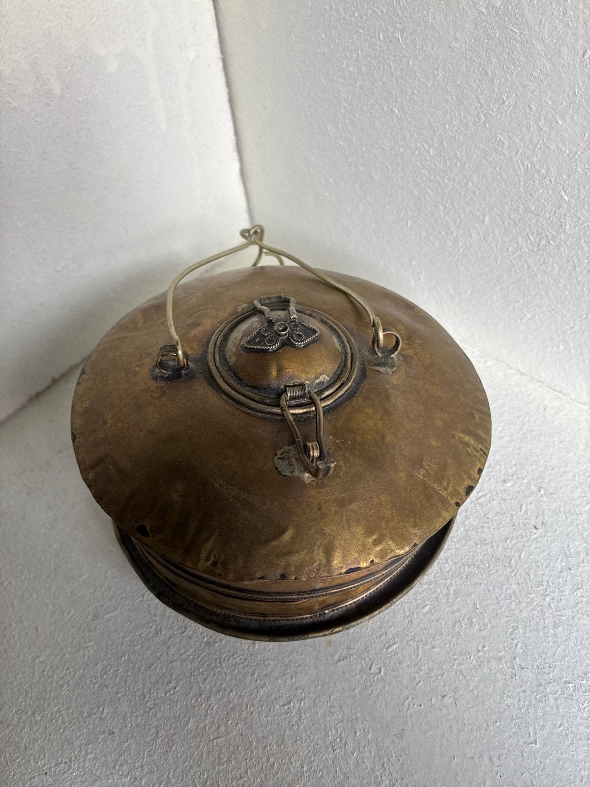 Antieke koperen lantaarn met stoffen kap, Antiek en Kunst, Ophalen of Verzenden