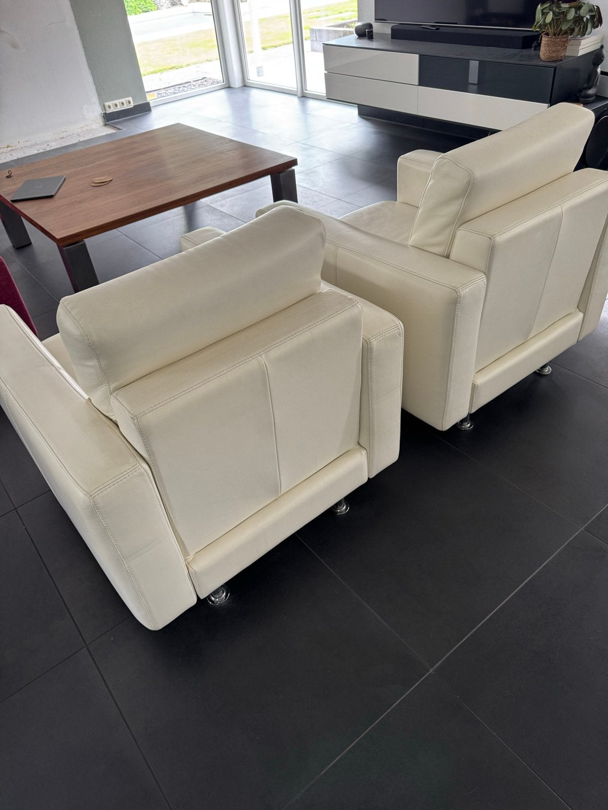 Leren fauteuils (2 stuks) - Crème wit, Ophalen, Gebruikt, Leer, 75 tot 100 cm