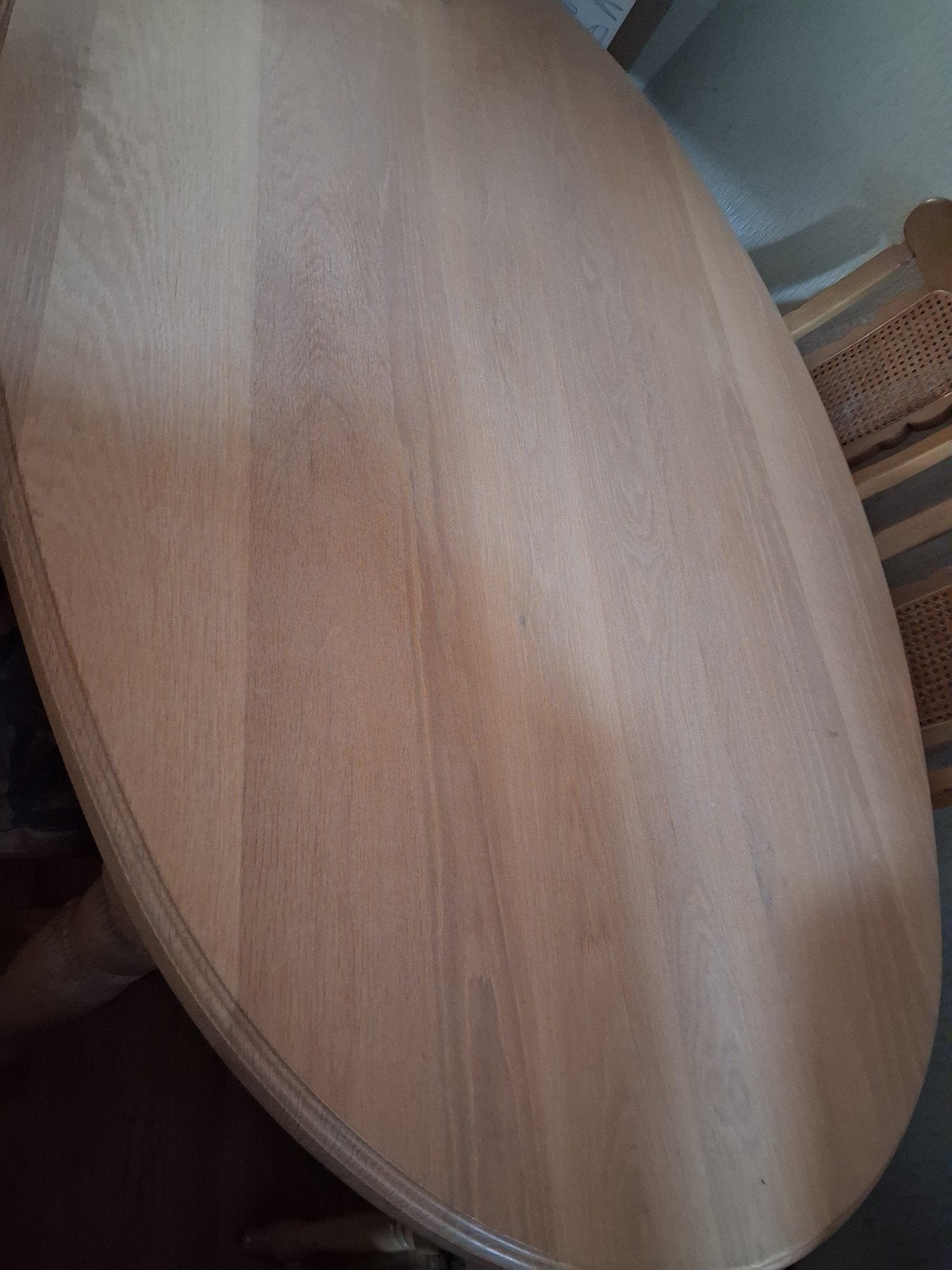 Ovalen eettafel met 8 stoelen, Ophalen, Gebruikt, 100 tot 150 cm, Blank eiken
