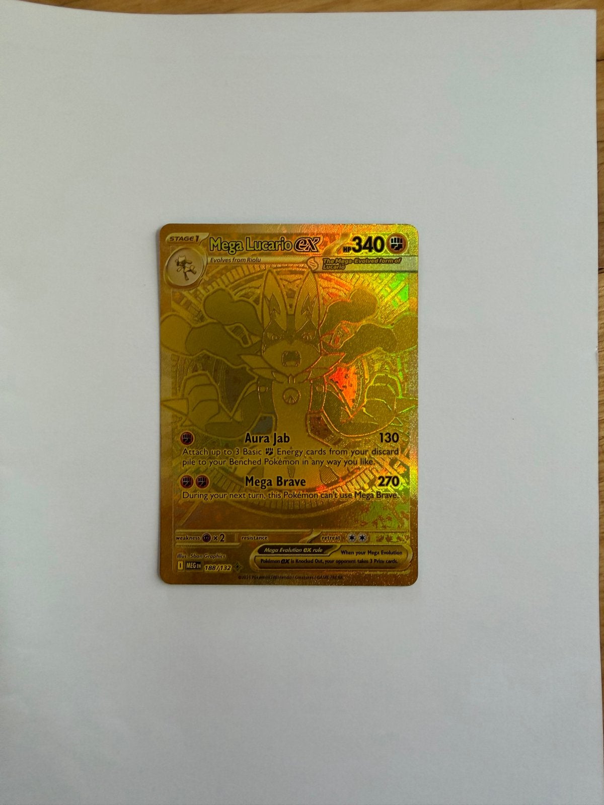 Mega Lucario EX (Meg) Pokémon Kaart - Full Art Gold, Ophalen of Verzenden, Nieuw, Losse kaart, Foil