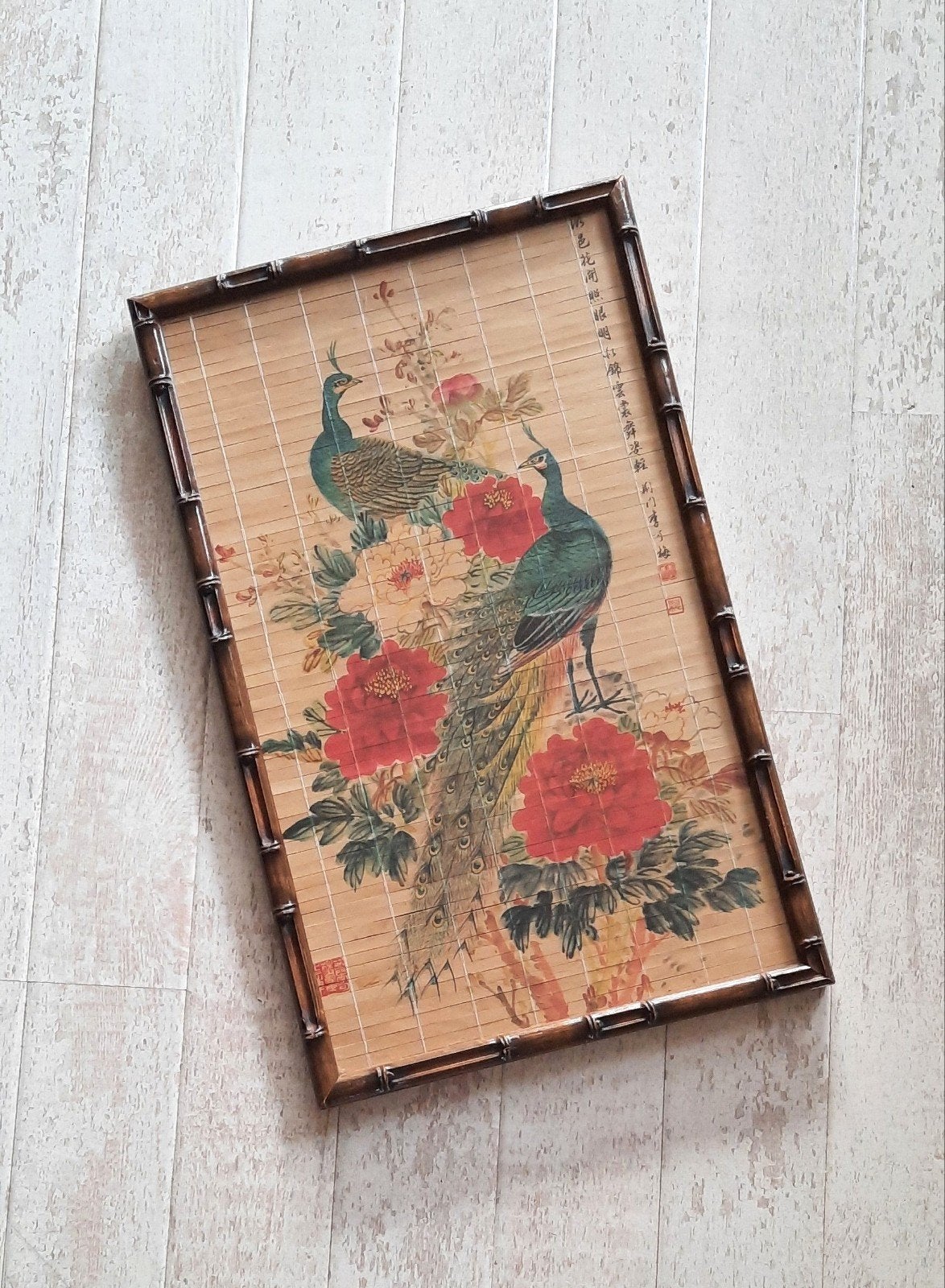 Bamboe Aziatisch schilderij ( pauwen bloemen ), Ophalen of Verzenden, Minder dan 50 cm, Schilderij
