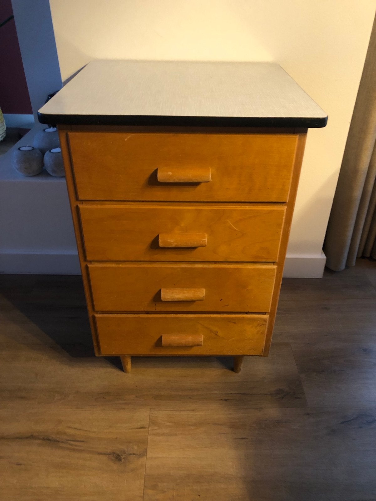 Vintage ladekastje met 4 laden en formica blad, Ophalen, Minder dan 50 cm, Gebruikt, 3 of 4 laden