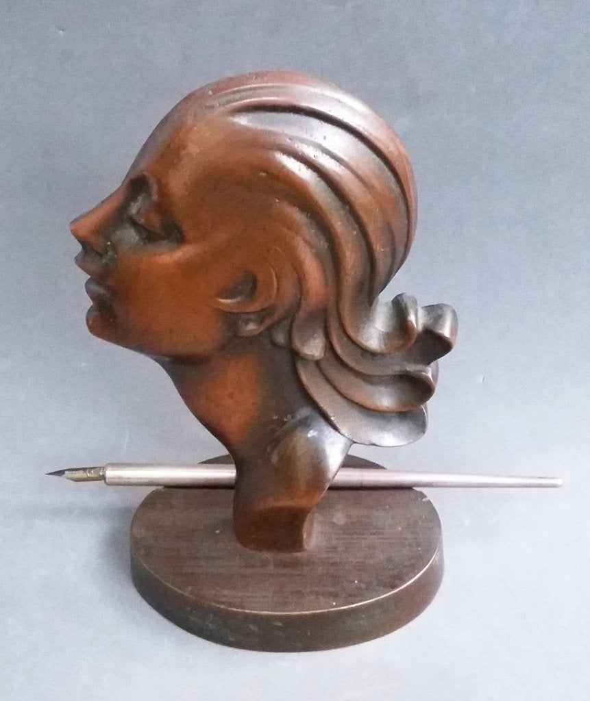 Om 1925 Art Deco Jugendstil Bureau Buste Beeld Pen Aflegger, Ophalen of Verzenden