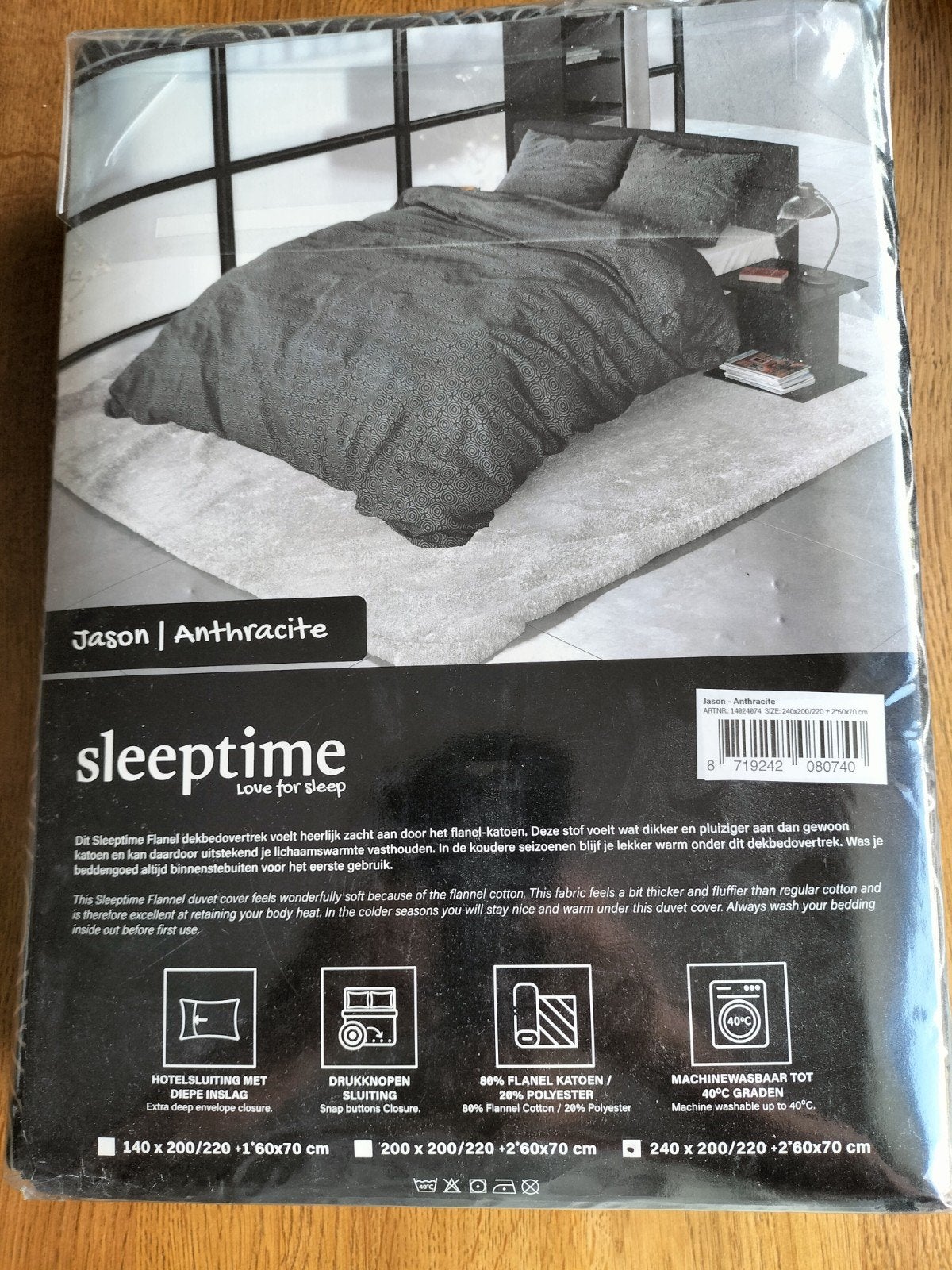 Sleeptime Flannel Dekbedovertrek Jason Antraciet 200x200/220, Dubbelzijdig bruikbaar, Dekbedovertrek, Katoen, Ophalen of Verzenden