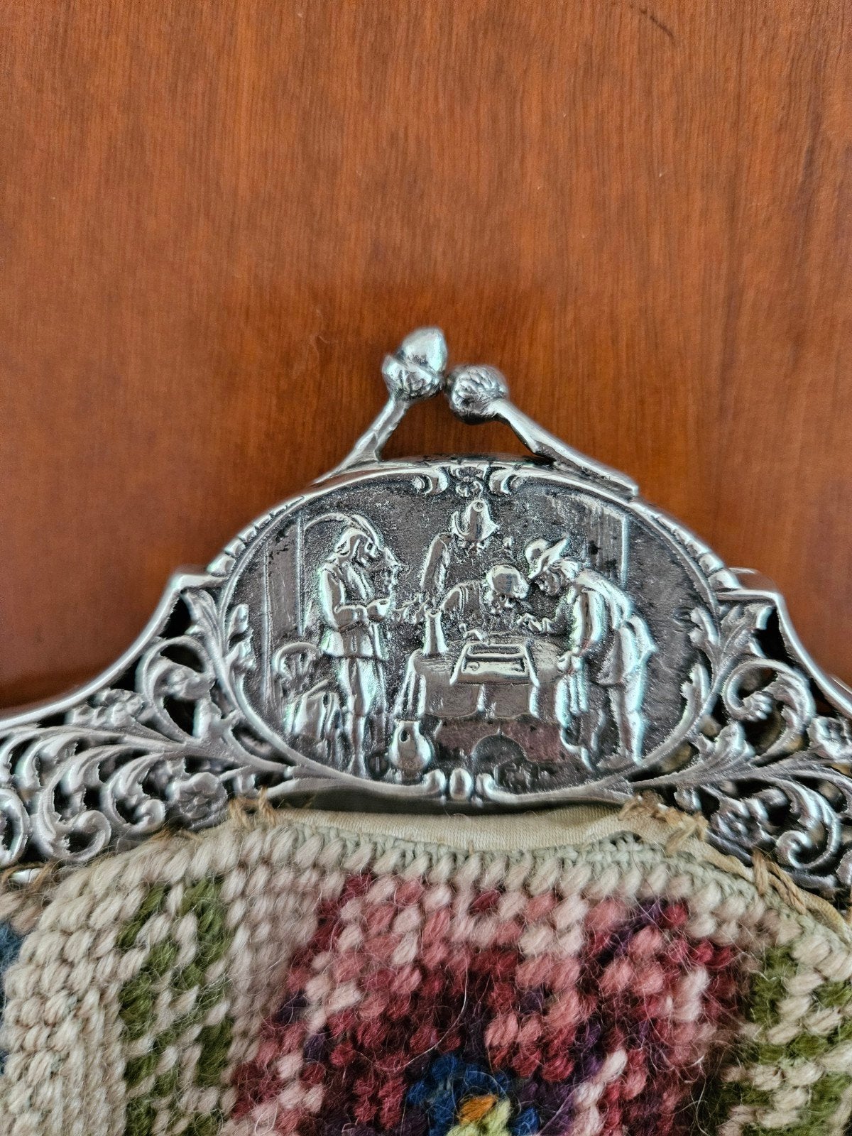 Antieke Zilveren Tasbeugel met Café Scène, ca. 1910, Ophalen of Verzenden