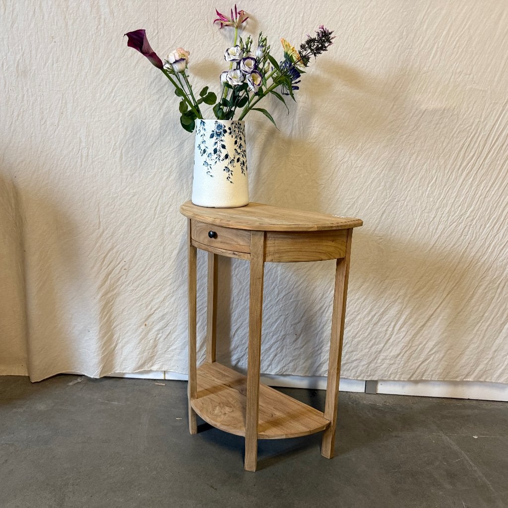 houten sidetable teak half rond- 60 x 30 cm - Gratis bezorgd, Huis en Inrichting, Tafels | Sidetables, TTM Wonen, Meubels – (Perzische) Tapijten en Woonaccessoires