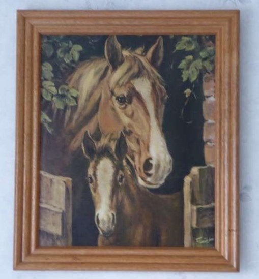 Schilderij Merrie met Veulen (Schilderij H. Faust) Z.g.a.n., Ophalen of Verzenden, Gesigneerd, Dieren, Paneel