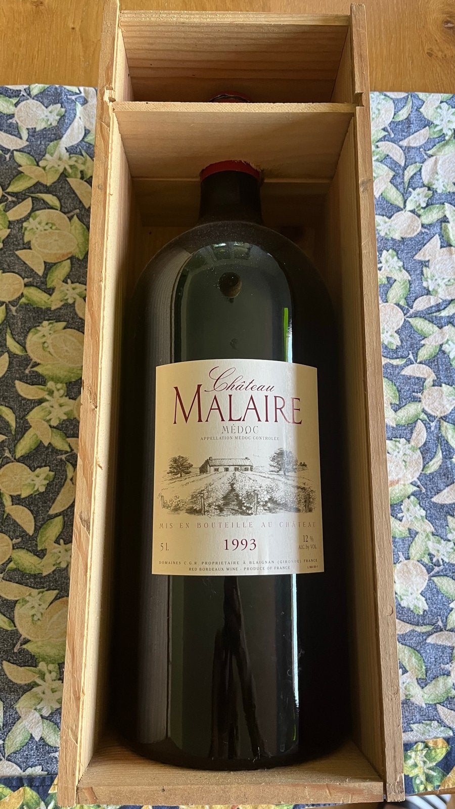 Château Malaire Médoc 1993 - Lege Fles in Houten Kist, Ophalen, Gebruikt, Frankrijk, Rode wijn