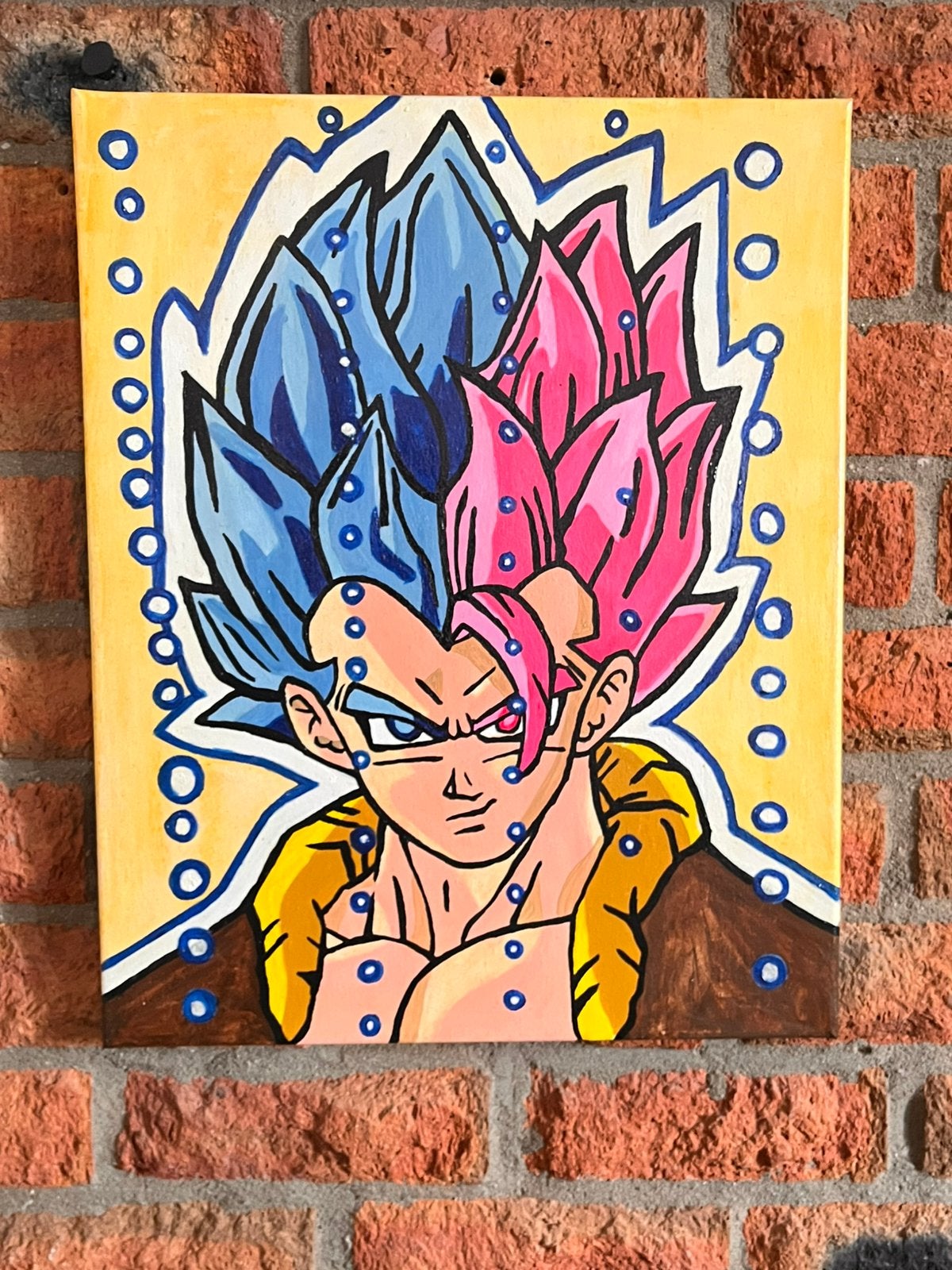 Gogeta blauw/roze 40x50cm, Antiek en Kunst, Kunst | Schilderijen | Modern, Acrylverf, Stripfiguren/cartoons, Textiel, Gelakt/vernis