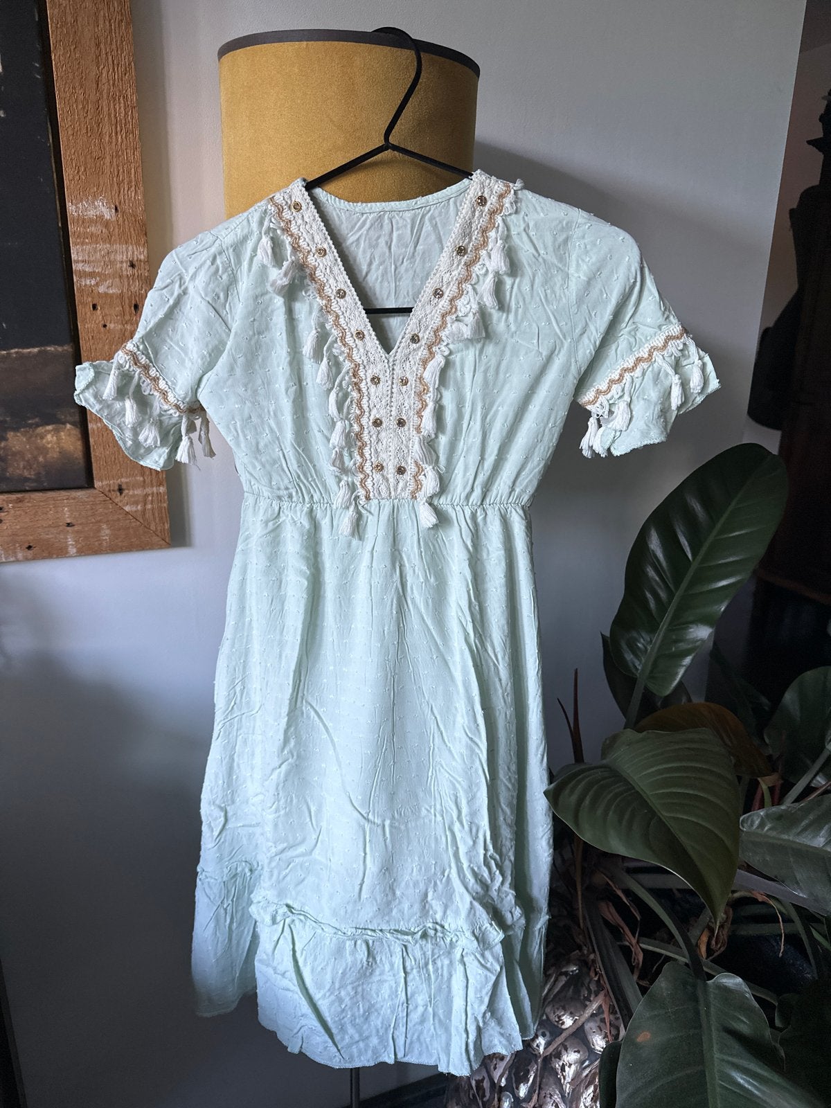 Mintgroene Boho Ibiza Tuniek Jurk Kwastjes Kant Maat 158/164, Ophalen of Verzenden, Zo goed als nieuw, Meisje, Jurk of Rok