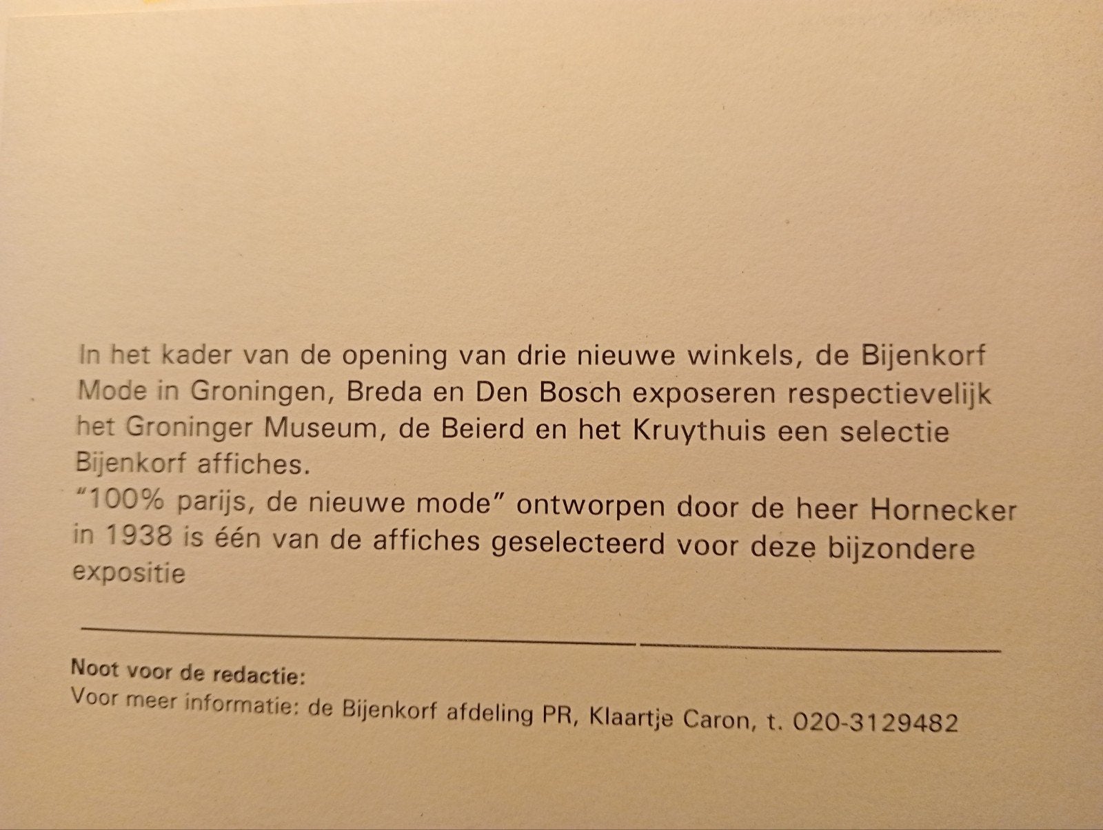 Vintage Persfoto "100% Parijs de nieuwe mode" Bijenkorf, Ophalen of Verzenden, 1980 tot heden, Gebruikt, Overige onderwerpen