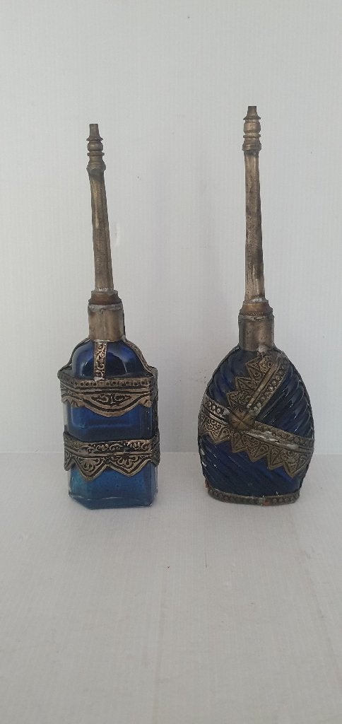Antieke Marokkaanse parfumflessen - kobaltblauw glas - 23 cm, Ophalen of Verzenden
