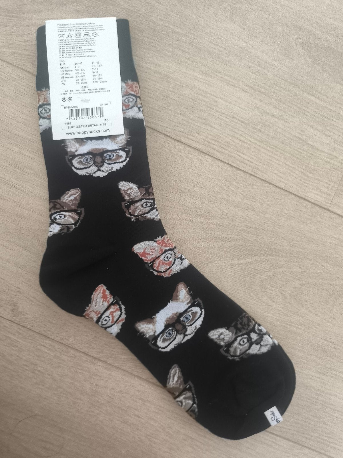 Happy Socks met kattenprint - Maat 36-40, Sokken en Kniesokken, Verzenden, Zwart, Maat 35 t/m 38