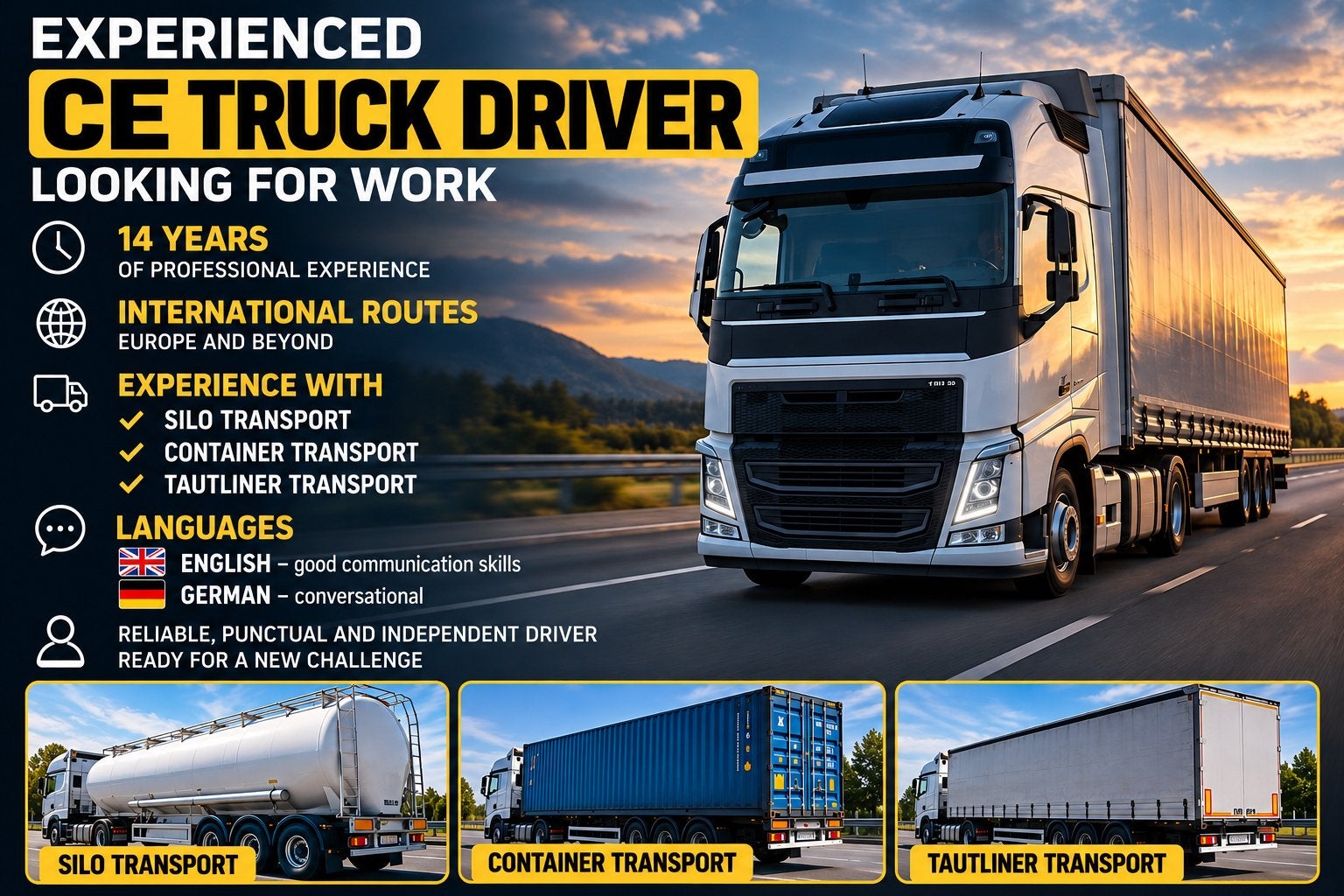 Experienced CE truck driver, Vacatures, Overige uren, Vanaf 10 jaar, Overige vormen
