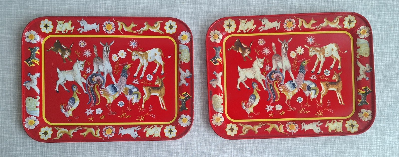 vintage metalen kleine dienbladen met dieren, Gebruikt, Ophalen of Verzenden, Afneembaar, Dienblad