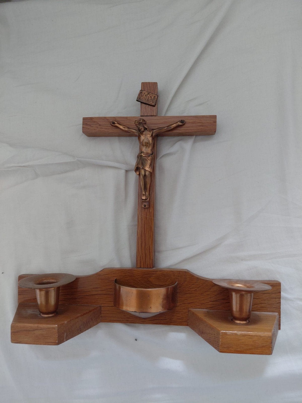 Hout huisaltaar met koper- Vintage Religieuze Kunst, Antiek en Kunst, Ophalen of Verzenden