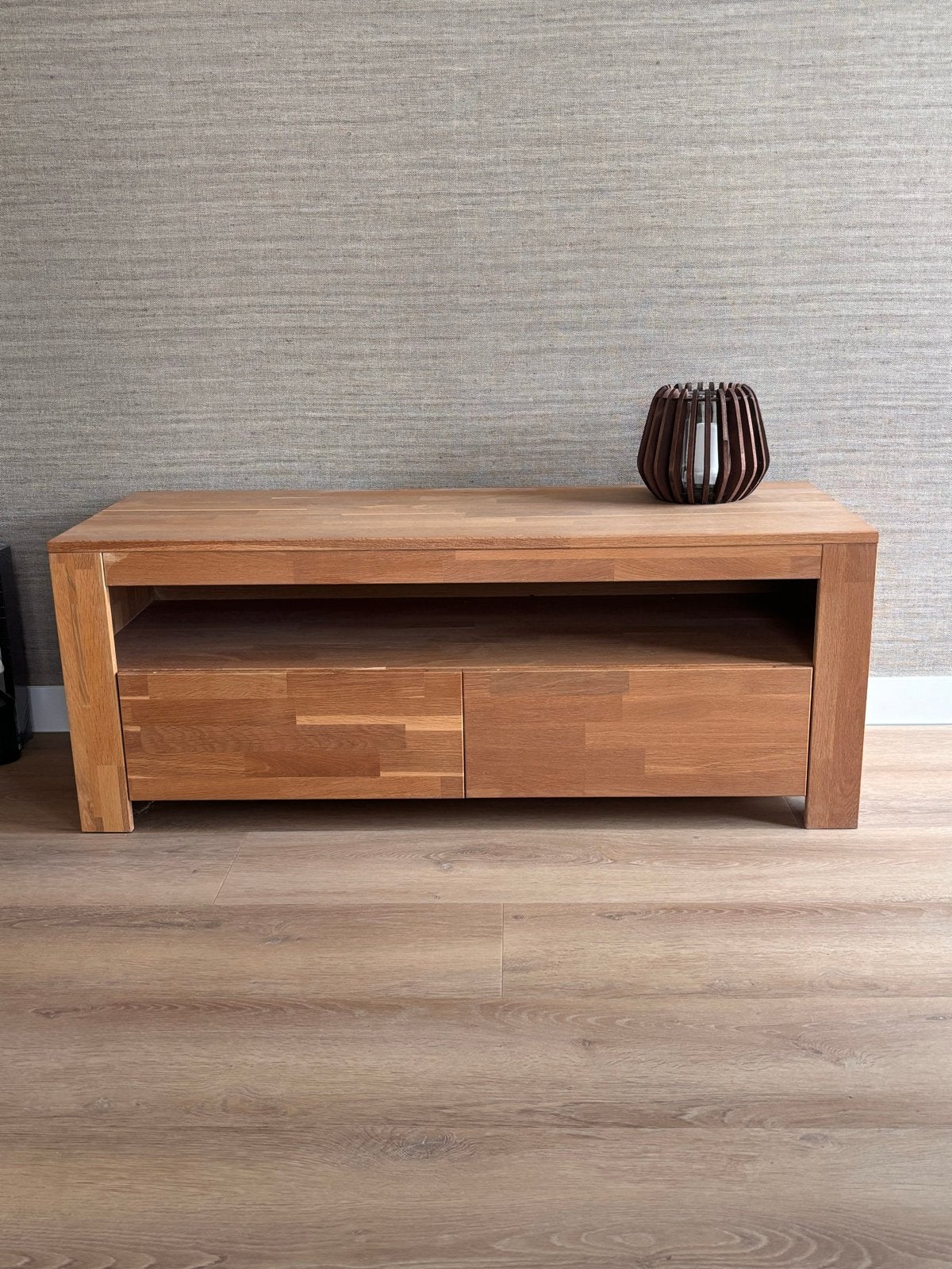 Eiken tv meubel met 2 lades, Ophalen, Gebruikt, 100 tot 150 cm, Eikenhout