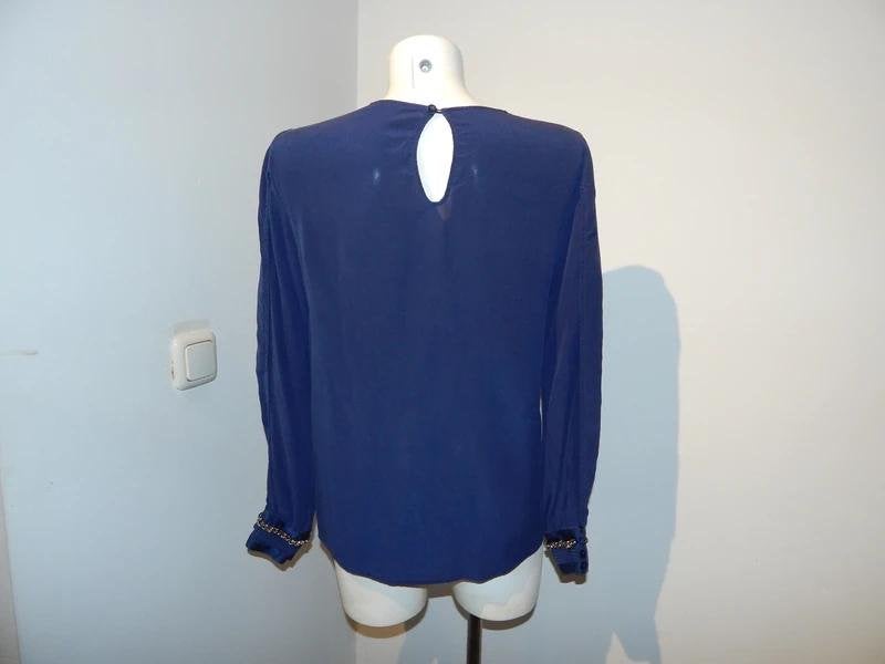 Elisabetta Franchi nacht blauwe zijde top ketting mouwI44, Maat 38/40 (M), Lange mouw, Gedragen, Elisabetta Franchi