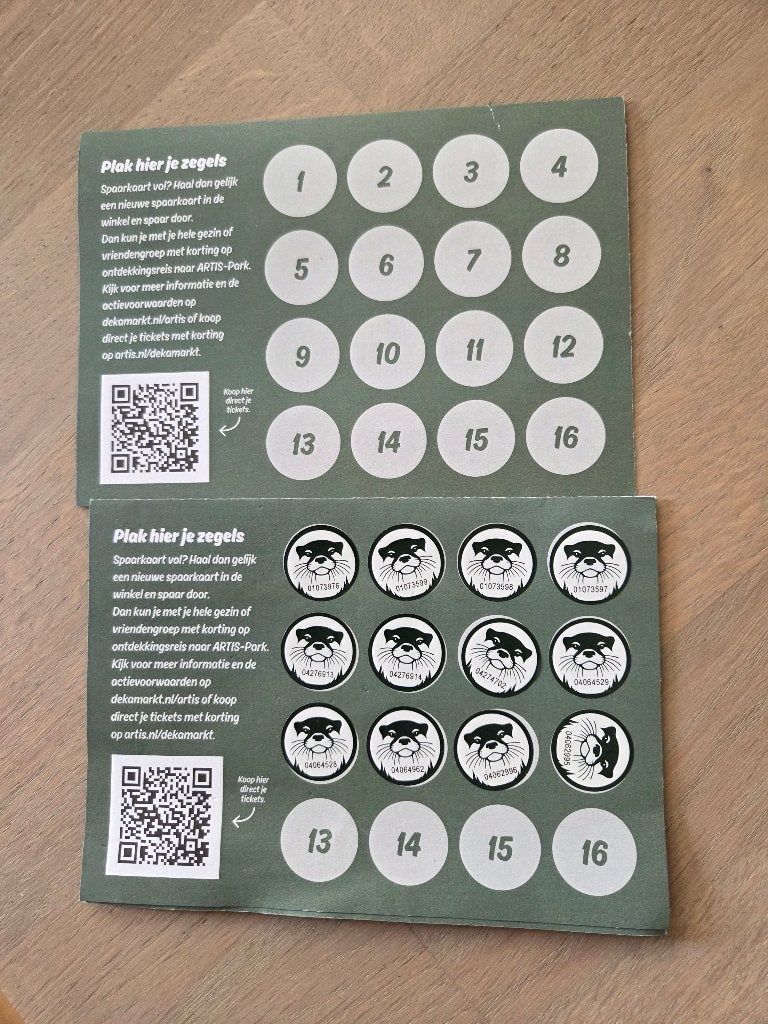 Artiskaarten Dekamarkt, 1x 4 zegels ontbreken, 1x leeg, Verzamelen, Plus, Ophalen of Verzenden