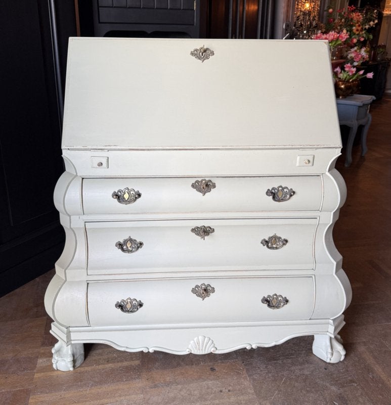 Antieke secretaire vintage ladekast oud brocante bureau VdlM, Ophalen, Zo goed als nieuw, Doorleefd chique groen beige buro laptop kast buikkast barok