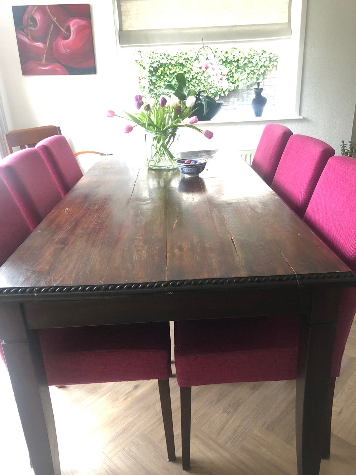 Donkere eiken eettafel, Ophalen, Zo goed als nieuw, 4 tot 6 stoelen