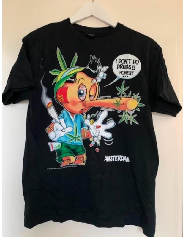 Grappig T-shirt Pinokkio in Amsterdam, maat S, Ophalen of Verzenden, Zo goed als nieuw, Maat 46 (S) of kleiner, Zwart