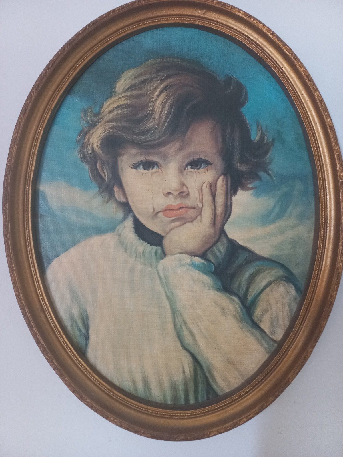 Vintage print van huilend kind in ovale lijst, Verzenden, Portret of Personen, Print, Papier