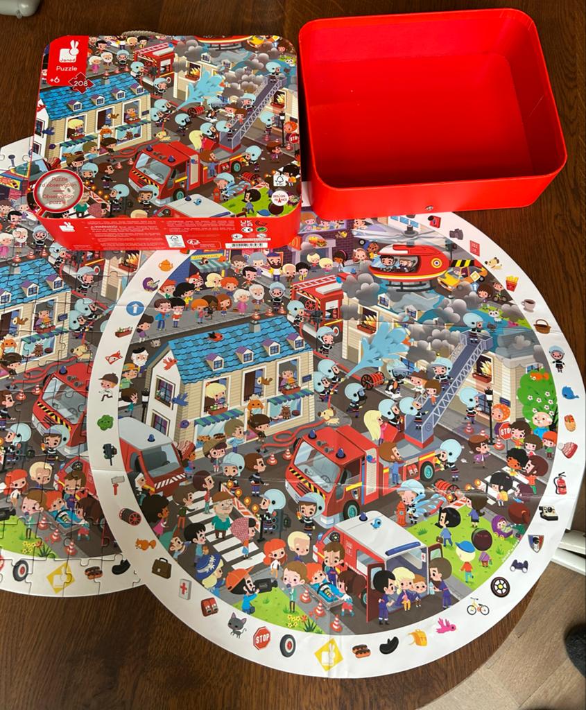 Janod puzzel 208 stukjes brandweer, Ophalen of Verzenden, Meer dan 50 stukjes, Zo goed als nieuw, 4 tot 6 jaar