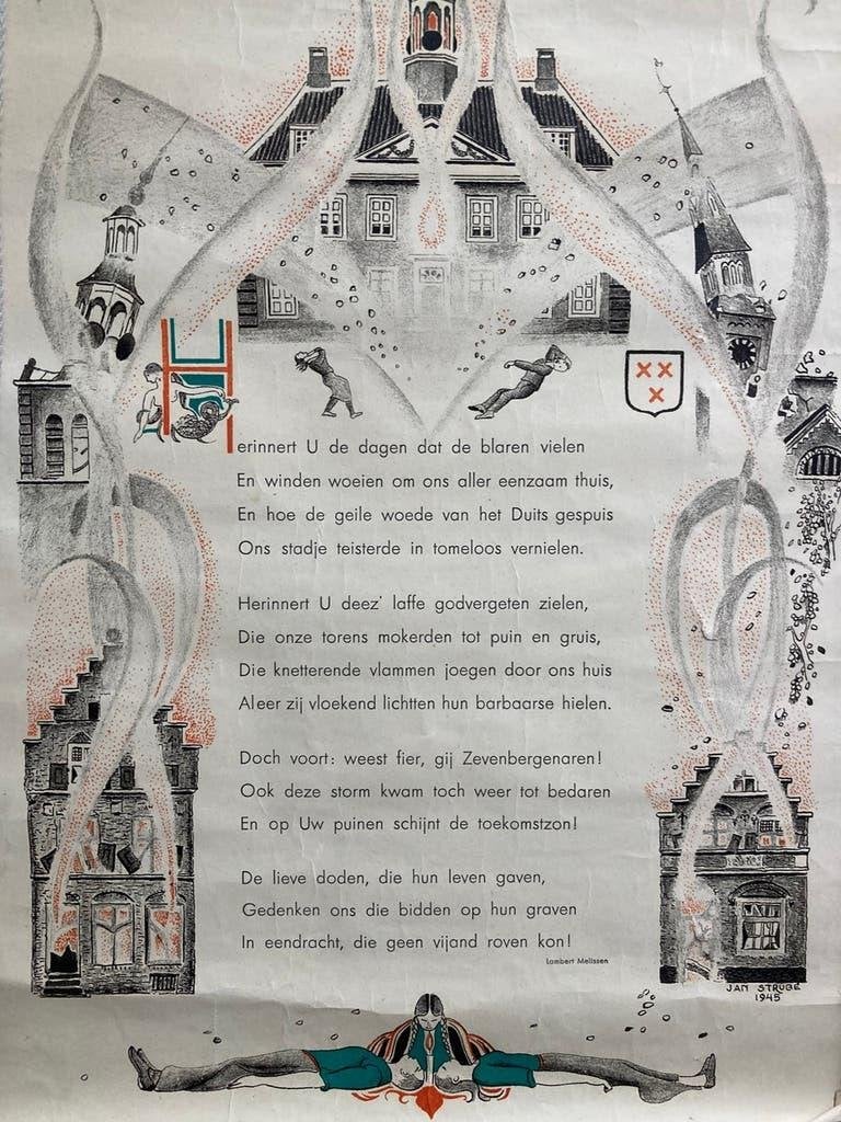 Jan Strube, Gedenkplaat Zevenbergen, 1945, 40x29cm., mooi!, 40 cm, Ets, Ophalen of Verzenden, Blanco verso