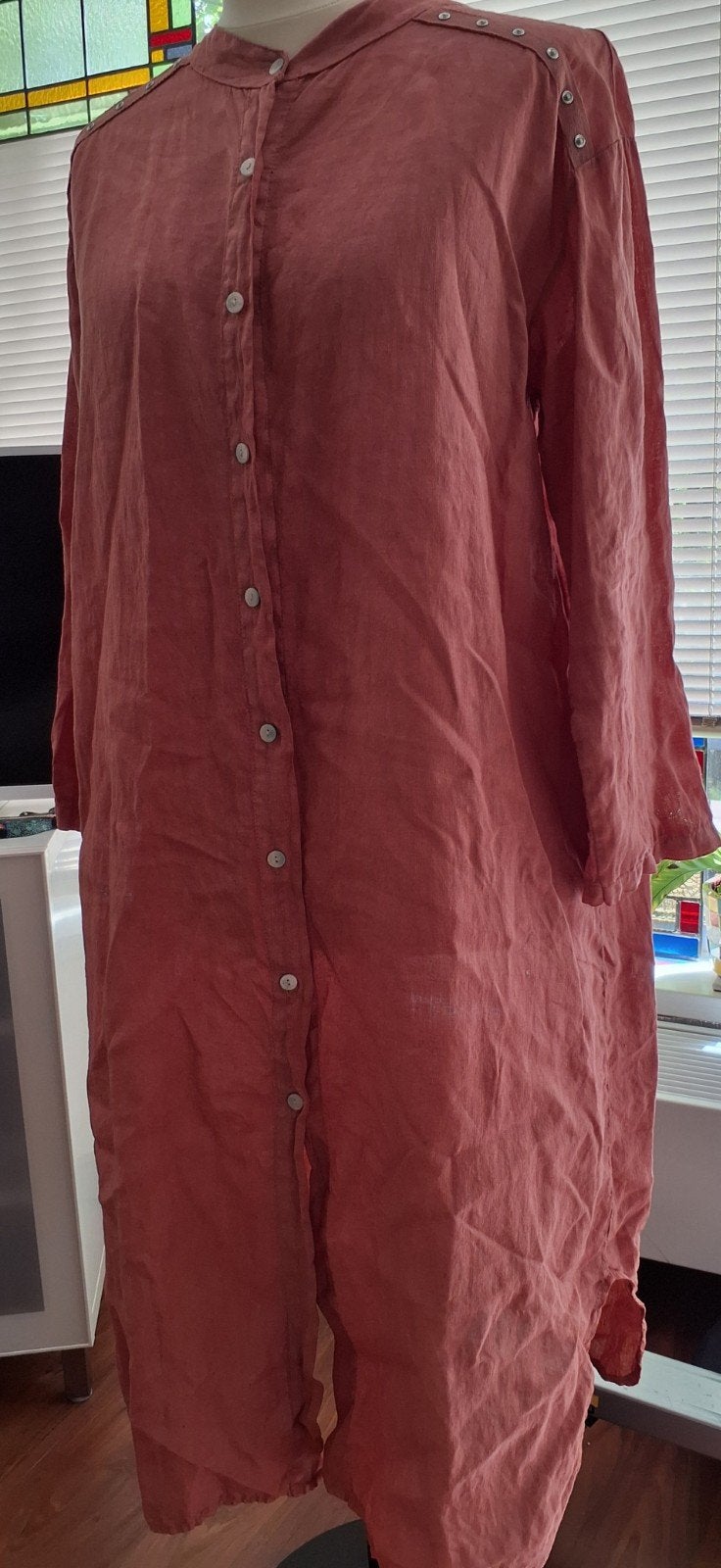 Linnen jurk met lange mouwen - Blush - Maat XL, Ophalen of Verzenden, Zo goed als nieuw, Roze, Onder de knie